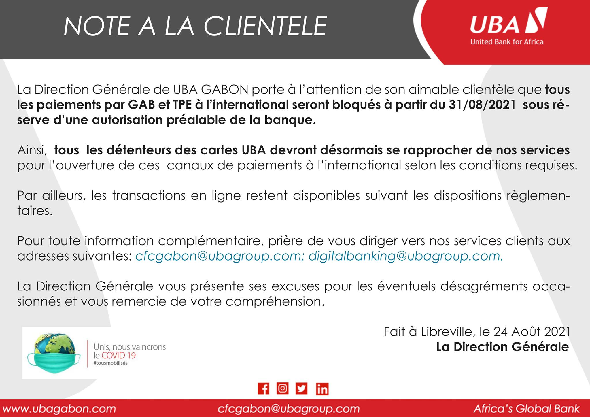 Note à la clientele UBA Gabon